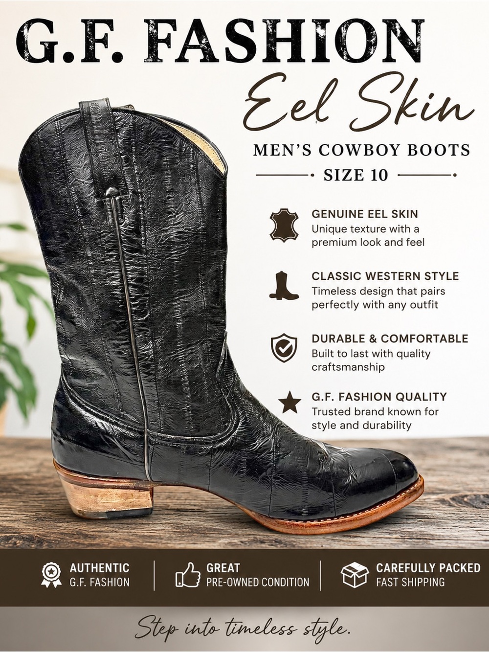 G.F. Fashion Black Eel Skin Western Cowboy Boots – Approx. Men’s US Size 10-10.5